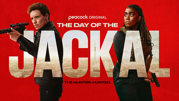 A man holding a gun and a woman holding a gun against a red background with large text reading 'The Day of the Jackal'.