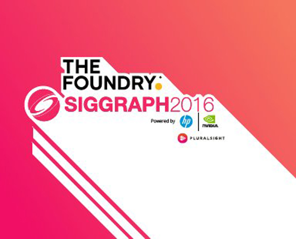 The Foundry SIGGRAPH 2016 logo on a pink gradient background with HP, NVIDIA, and Pluralsight logos.