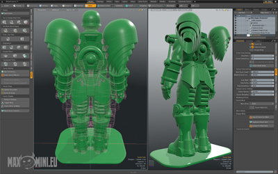 A split screen showing a green 3D model of a character in armor, one view as a wireframe and one as a solid render.