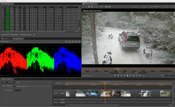 Video editing software interface displaying a snowy scene with a car and audio waveforms.