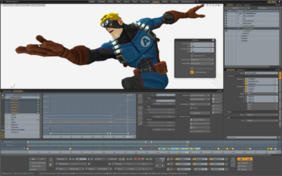 A 3D character model of a superhero in a blue suit posed within an animation software interface.