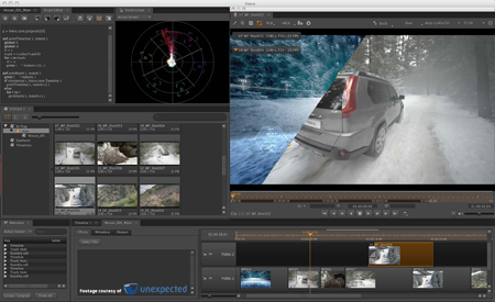 Video editing software interface displaying a radar scope, video clips, and a car driving through snow.