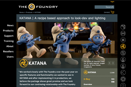 The Foundry website displaying KATANA software with three Smurfs characters in various poses.