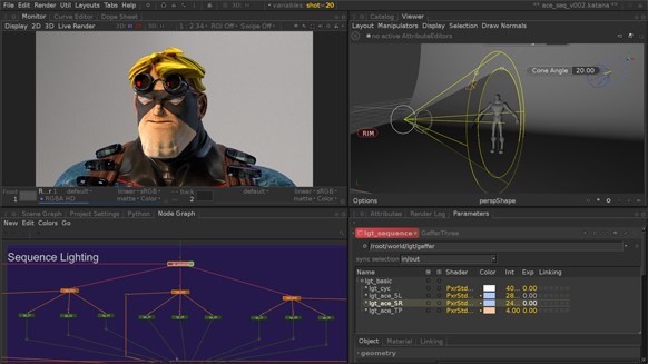 3D software interface displaying a stylized male character and a lighting cone diagram.