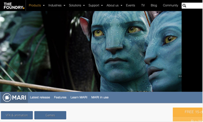 Website interface for The Foundry showing blue-skinned characters from Avatar and a navigation menu.