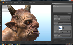 A close-up 3D model of a brown-skinned creature with horns and orange eyes on a computer screen.