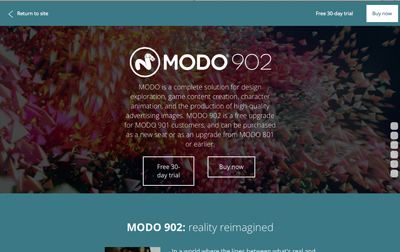 Promotional web page for MODO 902 software featuring a dark abstract background and trial and purchase buttons.