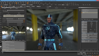 3D software interface displaying a male character in a blue and black patterned bodysuit.