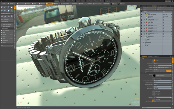 A 3D software interface showing a detailed digital render of a Montblanc wristwatch on a textured surface.