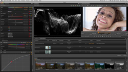 A digital interface of video editing software showing a waveform, a woman's face, and various control panels.