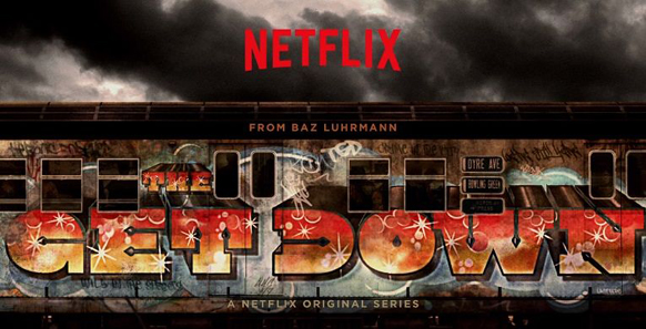 Graffiti-covered subway car under a dark, cloudy sky with Netflix and Get Down text.