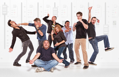 A group of diverse people striking exaggerated, energetic poses against a white background with audio mixer graphics.