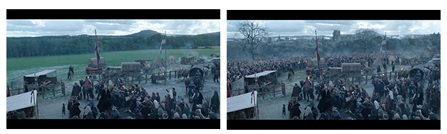 Two wide shots of a medieval camp with tents, wagons, and many people in a grassy field.