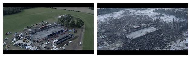 Two aerial shots showing a large crowd gathered around a rectangular structure in an open field.