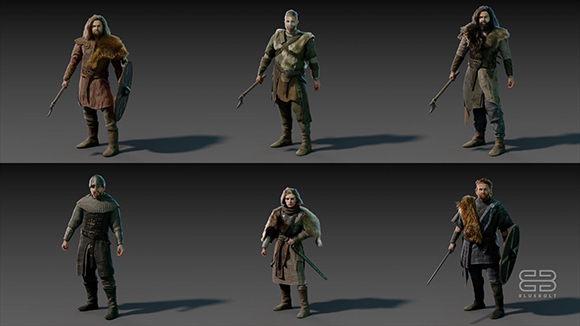 Six digital character models in medieval fantasy clothing standing against a dark gray background.