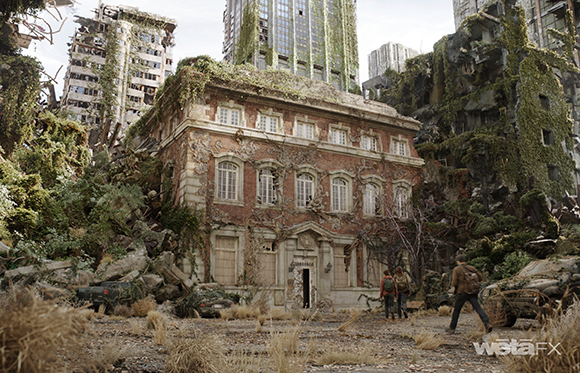 A two-story brick building covered in vines sits amidst rubble and decaying skyscrapers.