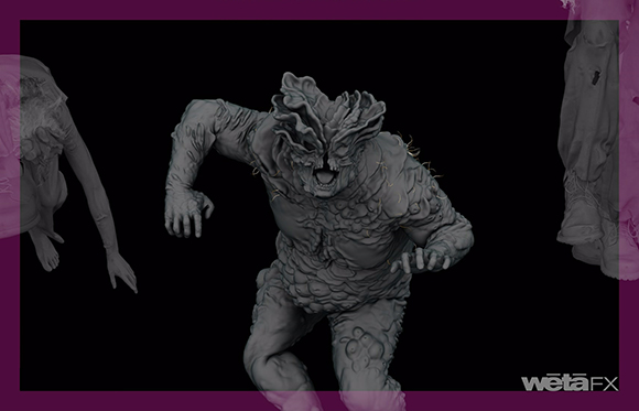 A grey 3D digital sculpt of a muscular, textured monster with a leafy head and wide-open mouth.