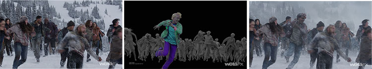 Three panels showing a character in a snowy scene, a digital wireframe version, and the final rendered scene.