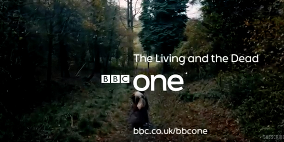 Text overlay reading 'The Living and the Dead' and 'BBC one' over a dark forest path.