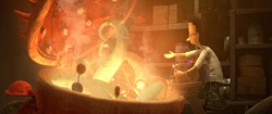 A character in a white shirt reaches toward a large, steaming cauldron filled with glowing, curved shapes.