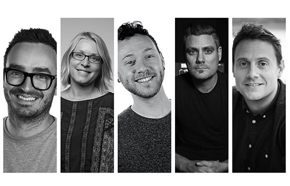 Five black and white portrait headshots of smiling and serious men and a woman.