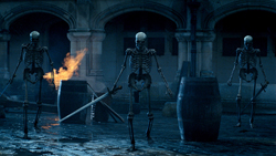Three human skeletons standing in a dark, arched courtyard near wooden barrels.