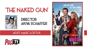 Promotional graphic for The Naked Gun featuring a movie poster and text stating host Marc Loftus.