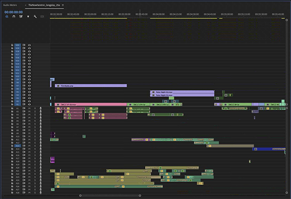 A complex video editing timeline with multiple audio and video tracks, color-coded clips, and timecode markers.