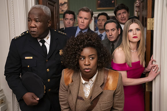 A group of diverse people with worried expressions peering through a doorway.