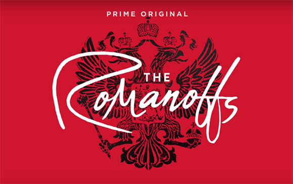 White script text reading 'The Romanoffs' over a black double-headed eagle emblem on a red background.