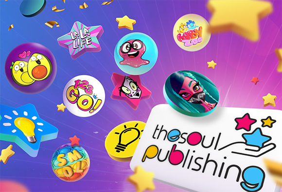 Various colorful cartoon character icons and stars floating around the The Soul Publishing logo on a purple background.