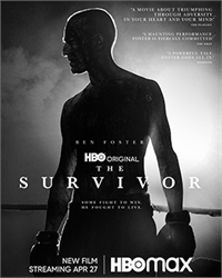 Black and white poster of a muscular boxer in profile, looking forward with boxing gloves on.