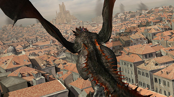 A large dark dragon flies over a dense city with orange tiled roofs toward a distant castle.