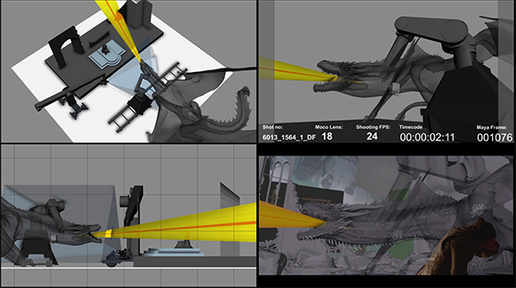 Four digital workspace panels showing 3D dragon models, camera rigs, and lighting setups.
