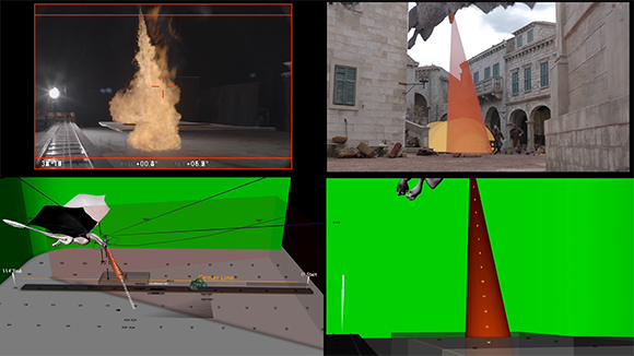 Collage of four panels showing digital fire effects, 3D environments, and green screen compositing workflows.