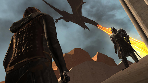 A large dragon flies through a cloudy sky, breathing a stream of fire toward a knight in dark armor.