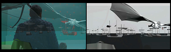 Two digital renders showing a dragon flying over a fleet of ships, one in color and one in grayscale.