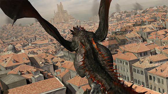 A large dark dragon flies over a dense city with orange-tiled roofs toward a large castle in the distance.