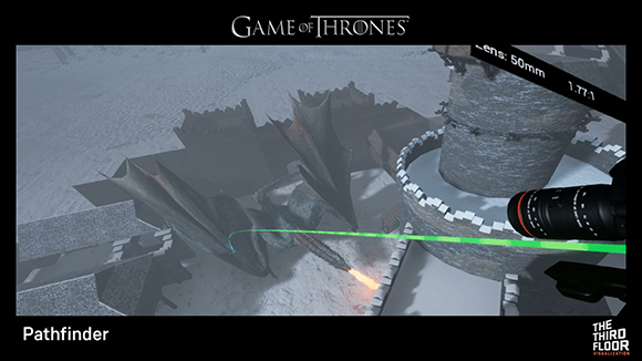 A digital 3D model of a dragon in a stone castle courtyard seen through a camera lens overlay.