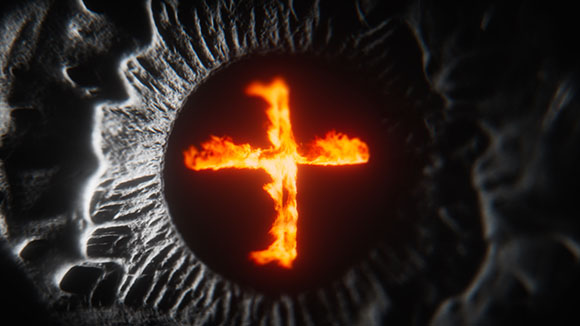 A glowing orange flame in the shape of a cross centered within a dark, textured iris.