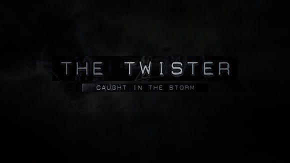 Text reading 'THE TWISTER' above 'CAUGHT IN THE STORM' against a dark, smoky background.