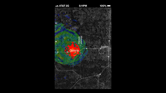 Radar map showing a red and green storm cell over Galena, Kansas, near the Missouri border.
