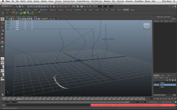 A 3D modeling software interface displaying a dark workspace with a grid and thin, curved lines.