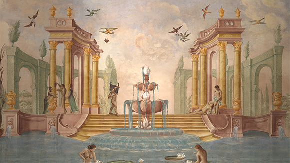 A classical garden with golden columns, a central fountain, and figures near a pool under a cloudy sky.