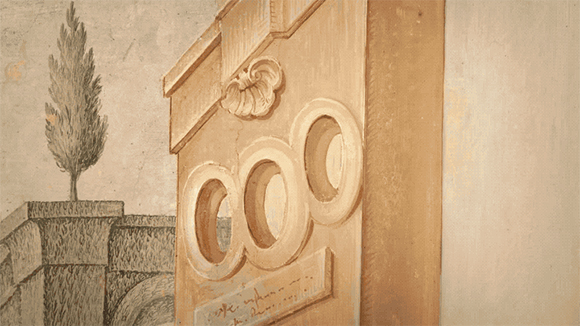 A mural showing a tan stone structure with three circular carvings next to a tall, thin tree.