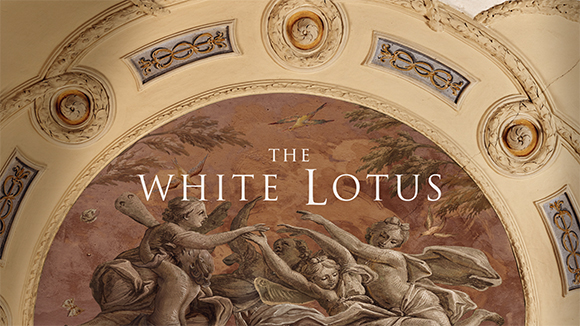 Title text 'THE WHITE LOTUS' overlaid on a classical fresco of figures in an arched alcove.