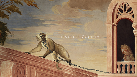 A painting of a monkey climbing a stone ledge against a cloudy sky with text reading Jennifer Coolidge.
