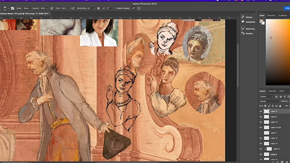 A digital painting of multiple figures in classical attire shown on a computer monitor.