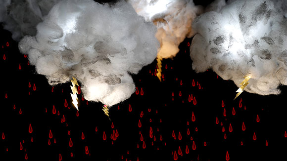 Cotton ball clouds with yellow lightning bolts and red raindrop shapes against a black background.