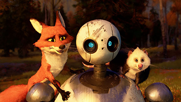 An animated fox, a white robot, and a small opossum posing together in a forest at sunset.